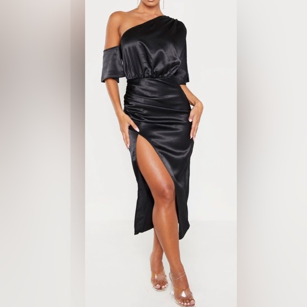 PrettyLittleThing Black Satin One Shoulder Ruched Dress with Slit